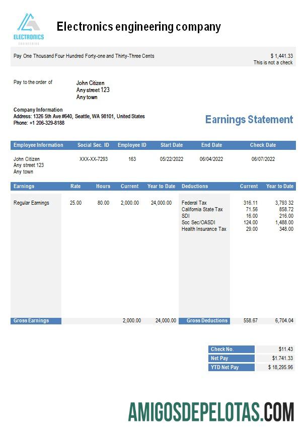 Demonstrativo de ganhos de empresa de engenharia eletrônica em formatos Word e PDF amostra